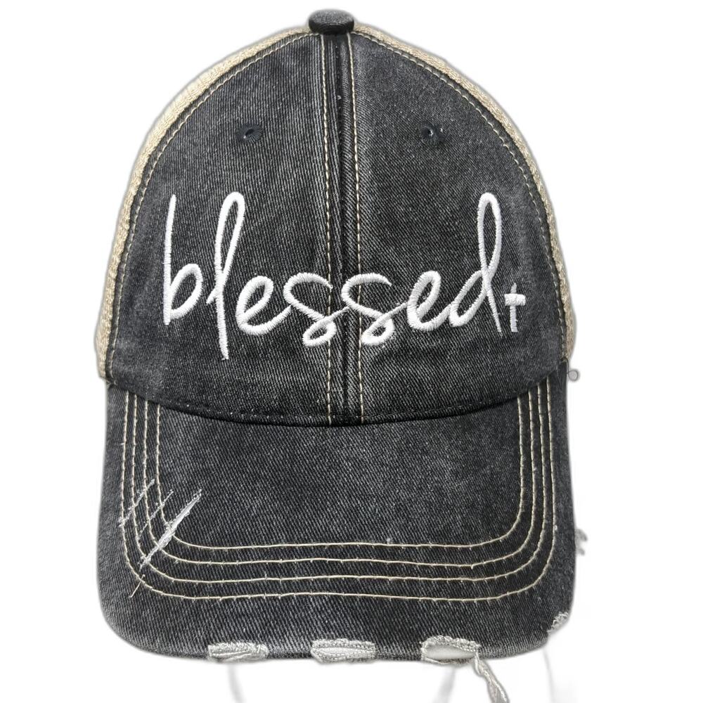 Katydid Gray Baseball Cap One Size Blessed Cross Distressed Mesh Back hat
